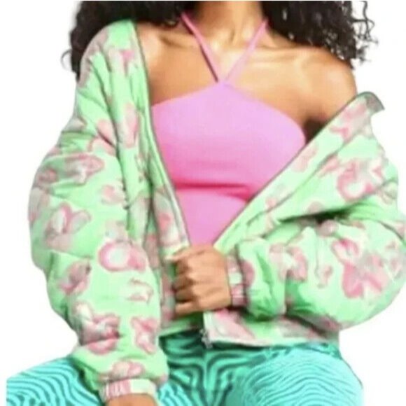 Wild Fable Jacket Hooded Quilted Green Pink Floral Full Zip - Picture 2 of 12